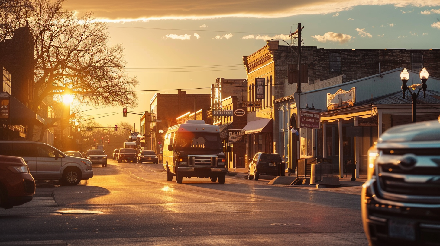 Mobile locksmith service van driving through Fort Worth, Texas service area at sunset