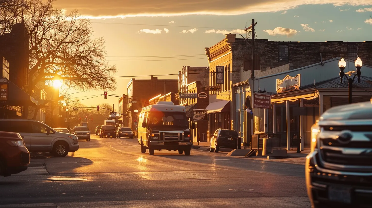 Mobile locksmith service van driving through Fort Worth, Texas service area at sunset