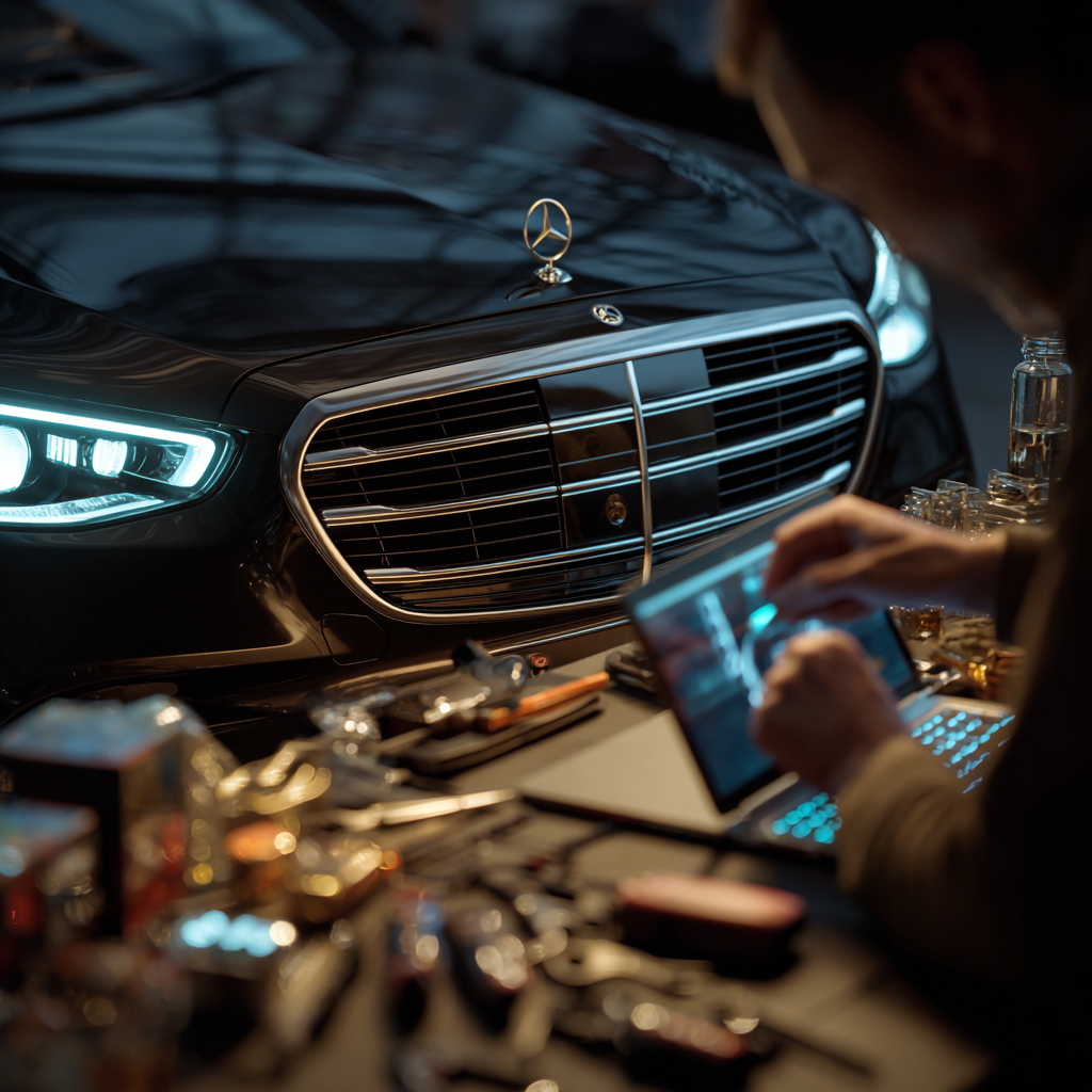 Automotive locksmith technician programming Mercedes-Benz key in Fort Worth